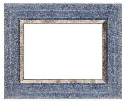 An empty blue wooden picture frame isolated on white