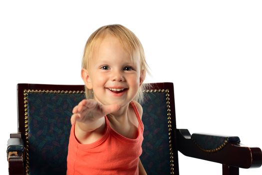 little beauty girl offer hand to audience and smileing