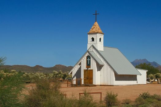 Historic white clapboard church served parishoners in the harsh, arid Arizona desert