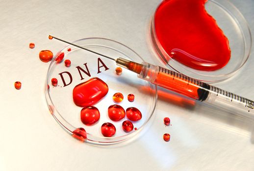 Blood in petri dish with syringe