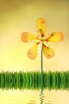 Multi-coloured windmill toy standing in the grass with water reflection/ Concept theme for spring and summer designs
