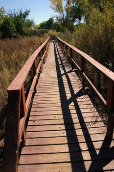 Wooden pedestrian bridge over marshy area on the Riverwalk