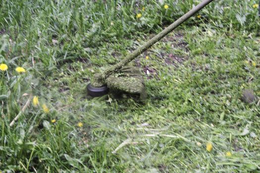 motor scythe by in process of mowing, close up 