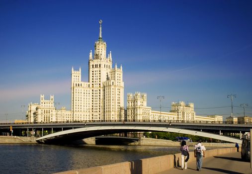 High building on quay of Moscow river. Moscow, Russia.