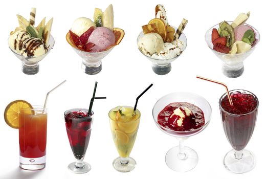 Cocktails and ice-creams mix on white background. Full size 6800x4550 pix