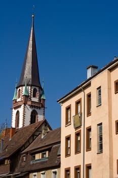 churche in a town, blue sky