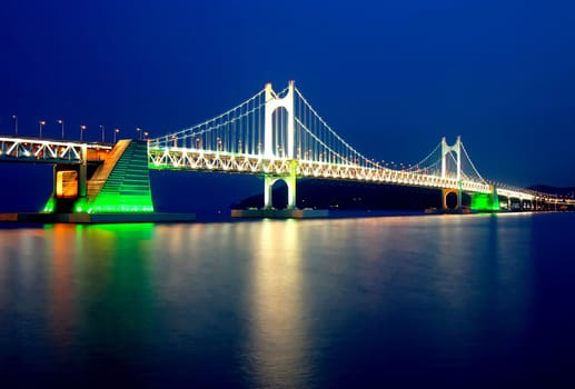 Kwangali Bridge lit up after sunset. Busan, South Korea.