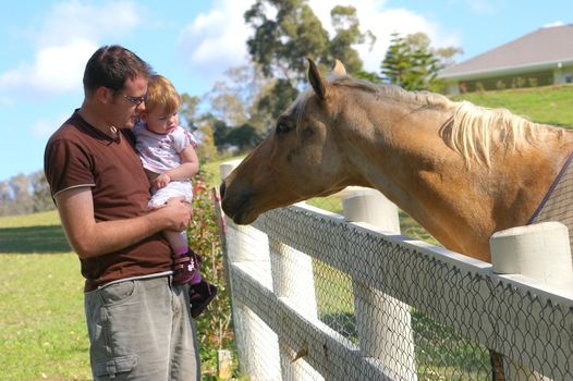 Young father and his little daughter are looking at a horse over a white fence