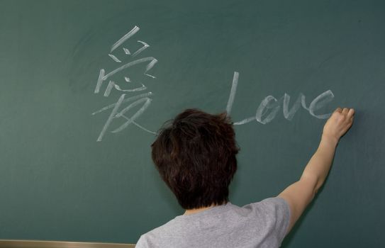 Female teacher writing on a blackboard 