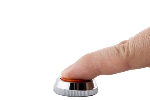 a finger pressing a button on white background