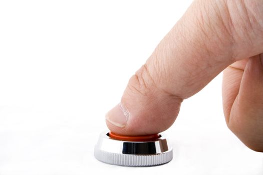 a finger pressing a button on white background