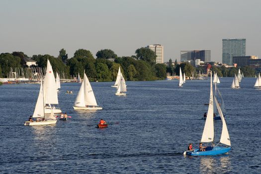 Leisure sailboats on Hamburg's Alster lake on a very sunny late afternoon in August 2007.