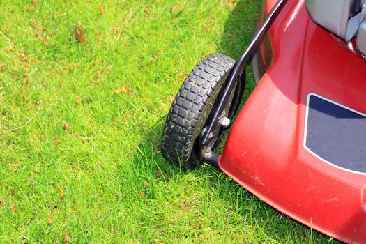 A petrol driven lawnmower with rubber tyres ready to cut a green lawn.