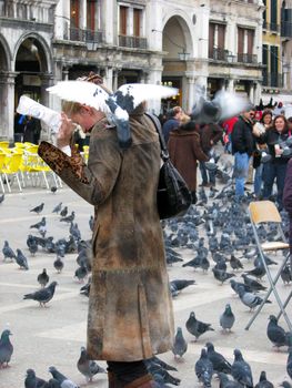 Pigeons go after food in St. Mark's Square in Venice, Italy. Venice banned feeding pigeons in the square on May 1, 2008.
