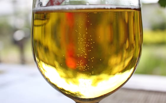 Closeup of glass of golden sparkling beer with foam