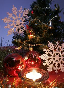 New year's embellishment under artificial fir tree