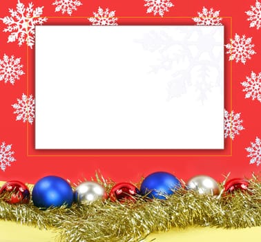 Christmas form decoration: varicoloured balls and white snowflakes on red background