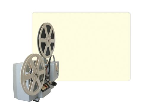 Operational cinema projector with projection on the wall. Isolated.