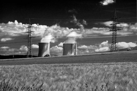 electric power station, pylons and pinwheel