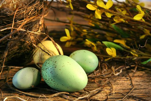 Little Easter eggs lying on old barn wood