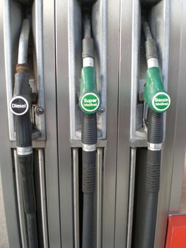 Detail of a gas filling station, Germany, no logos or trademarks, words say: diesel, leaded fuel, unleaded fuel