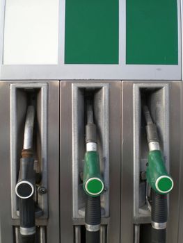 Detail of a gas / fuel  /petrol filling station, with green tabs for biofuel