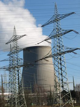 power supply lines with cooling chimney, Emsland, Germany, 2008