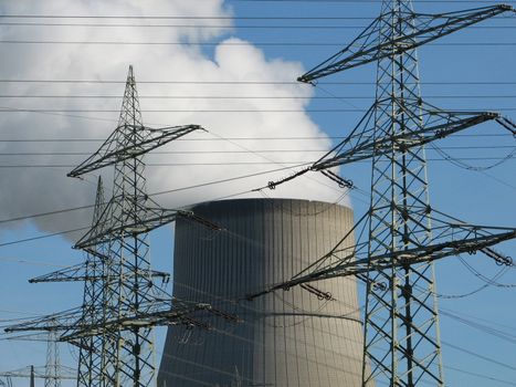 power supply lines with cooling chimney, Emsland, Germany, 2008