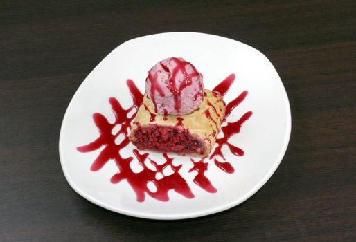Cherry pie with icecream and syrup