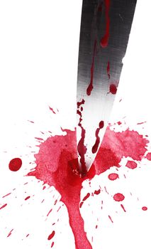 The blade of a sharp bloodied knife set in a splatter of blood, isolated on a white background.