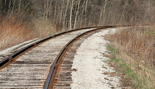 A bend in a railroad track.