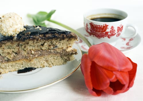 Piece of chocolate cake with coffee cup and red tulip on the table