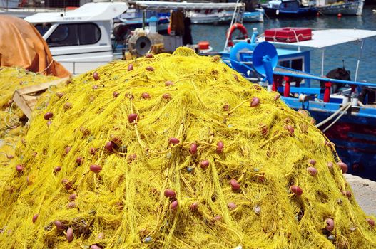 Fishing boat and nets. Port of Heraklion, Crete, Greece