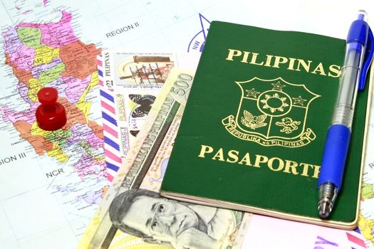 All about Manila -  stamp, peso, passport,and 2008 map.