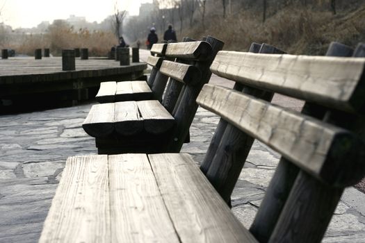 Wooden Bench by the side of walking path at dusk