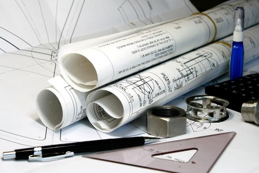 Mechanical Engineering and  Design with tools like templates mechanical pen and parts.