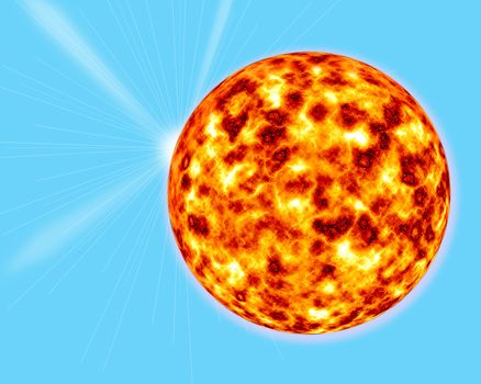 
computer generated 3d sun with abstract sun beams on blue background