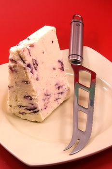 
chader cheese with cranberries and a knife lying on a platter