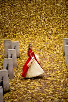 lady in medieval red dress in the autumn forest
