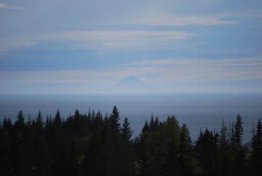 The volcano Mt. Augustine to the south in Cook Inlet, Alaska