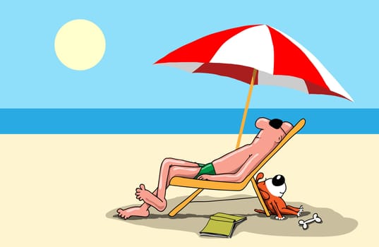 The man has a rest in the summer at the sea on a beach. Hot, the sun shines. The dog nearby lies.
