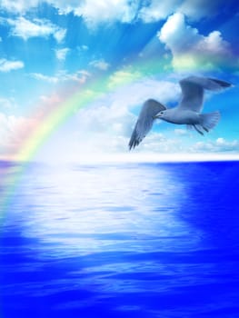 Seagull over the waters with rainbow on horizon, made in painterly effect