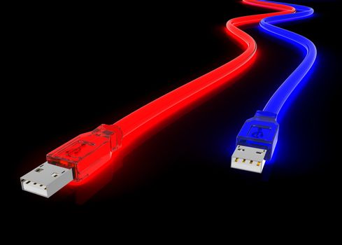 red and blue glowing usb cord made of clear plastic