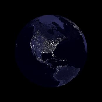 Earth globe with north America lights showing on black background. Some components of this image are provided courtesy of NASA, and have been found at visibleearth.nasa.gov