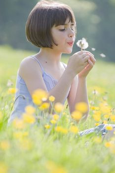 young female child sitting in field of buttercups blowing a dandelion 