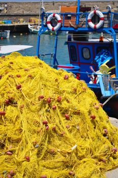 Fishing boat and nets. Port of Herakleion, Crete, Greece