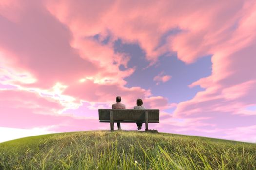 Old couple facing sunset