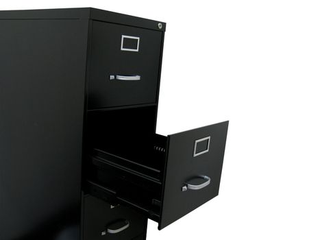 Black filing cabinet with open empty drawer, at an angle.