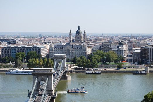 Aerial view of the Chain Bridge in Budapest, Hungary