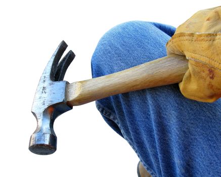Construction worker with gloved hand holding tool against a white background.